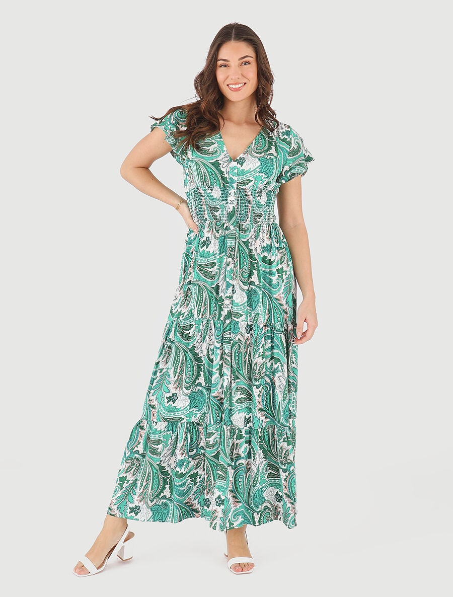 Robe longue à manches courtes imprimé cachemire - Vert - 4