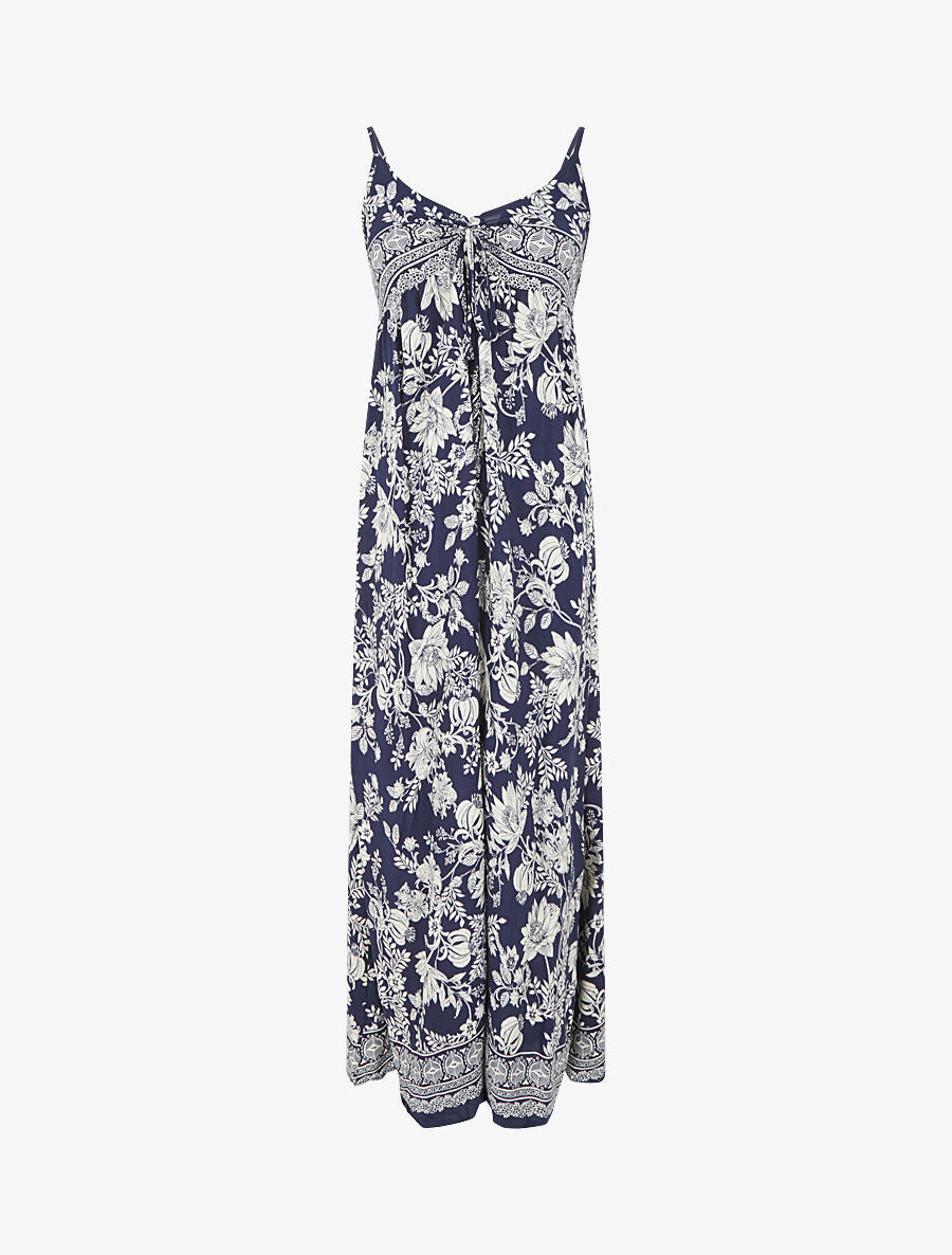 Robe longue empire à liens imprimé à fleurs - Marine - 5
