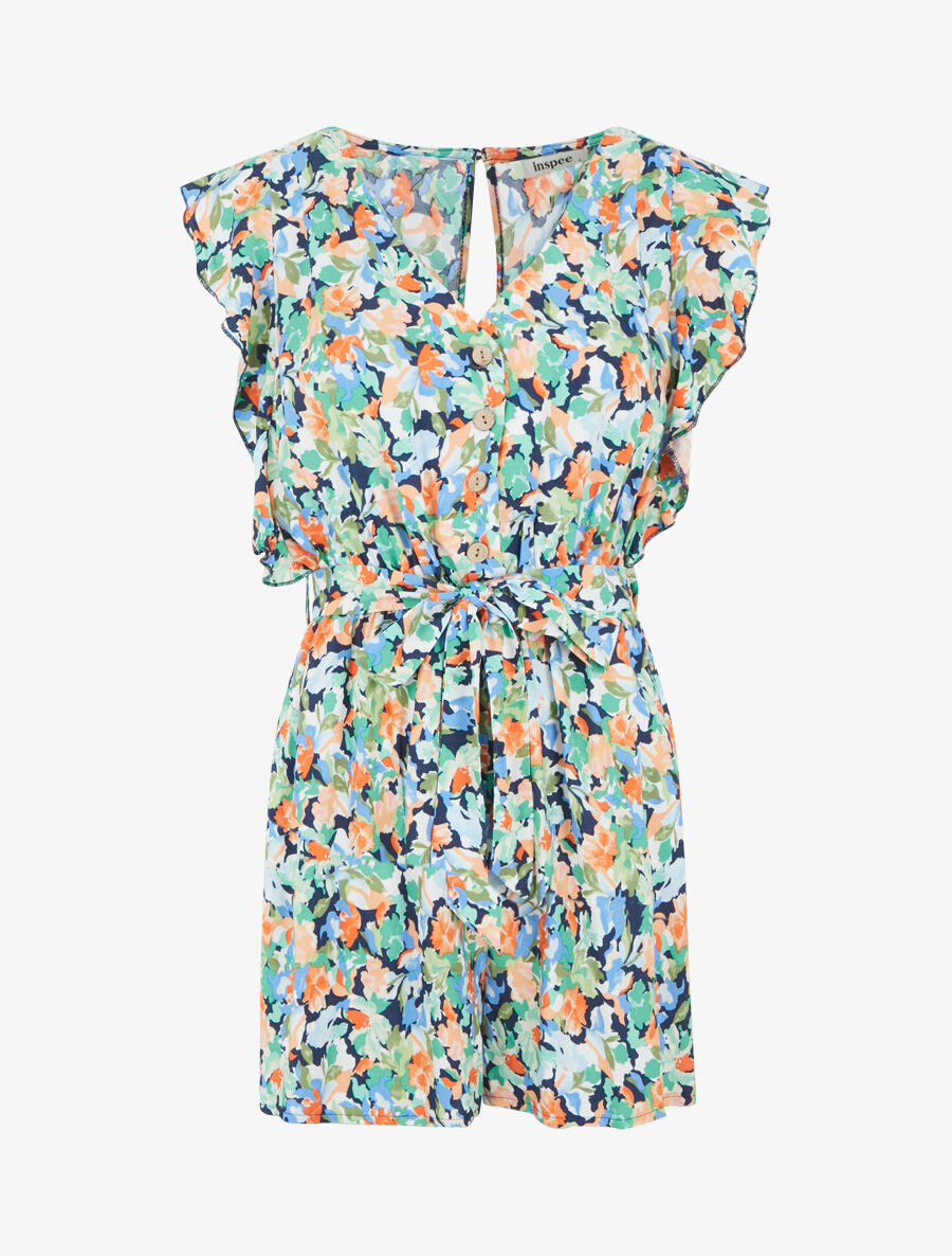 Combishort fleuri à manches volantées - Marine - 5