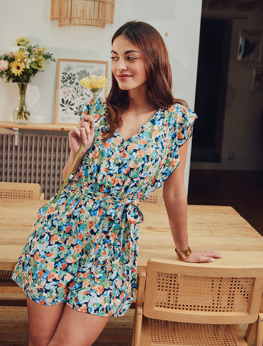 Combishort fleuri à manches volantées - Marine - 4