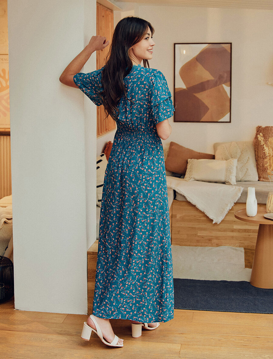 Robe longue élastiquée imprimé fleuri - Bleu canard - 6