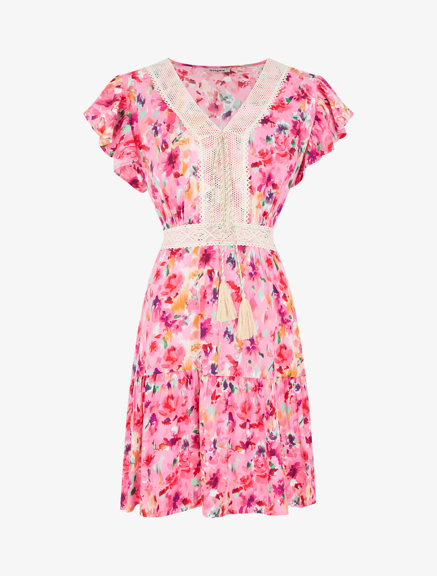 Robe imprimé aquarelle à col V brodé - Rose - 1