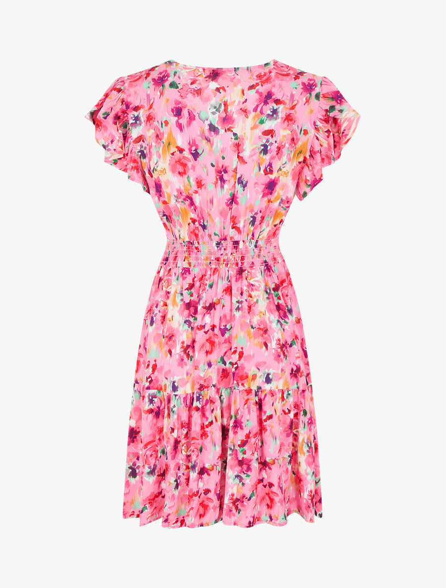 Robe imprimé aquarelle à col V brodé - Rose - 2