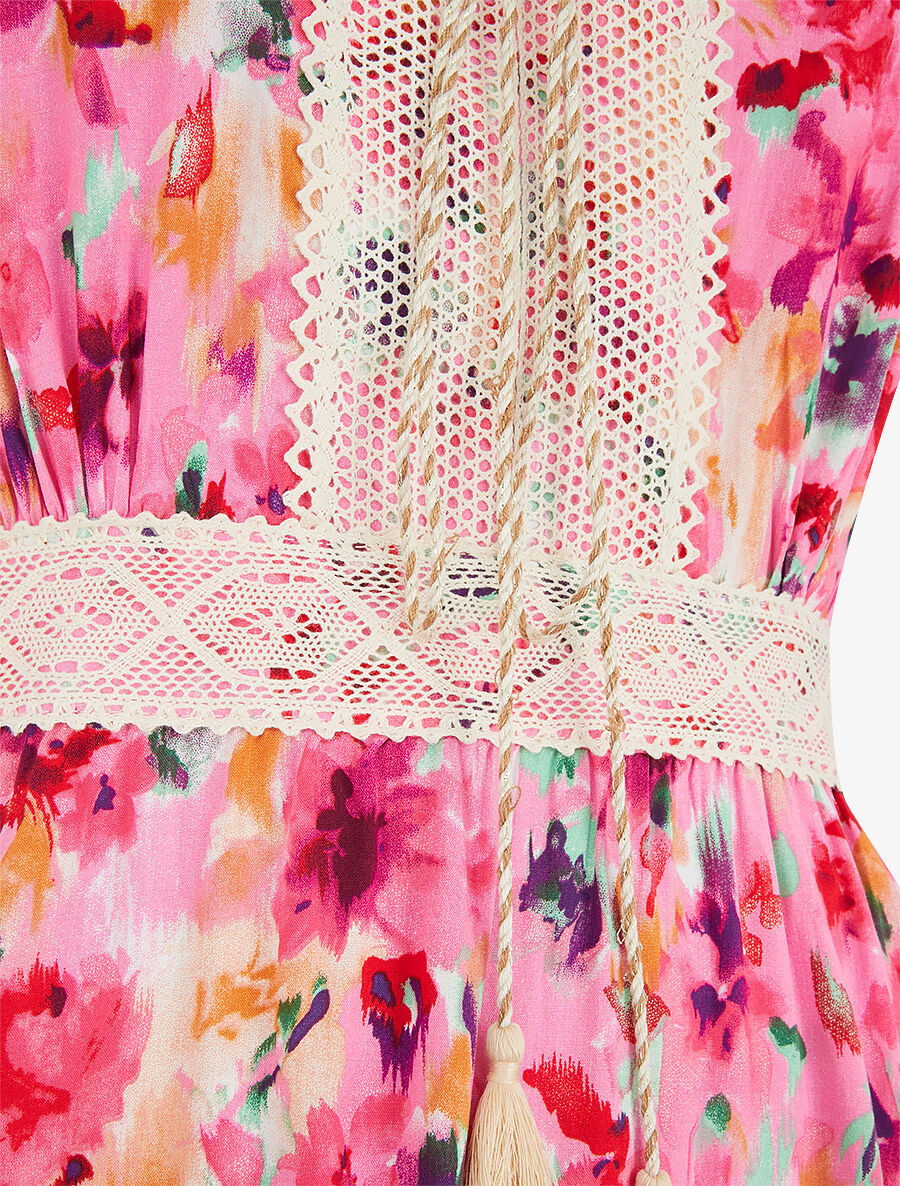 Robe imprimé aquarelle à col V brodé - Rose - 3