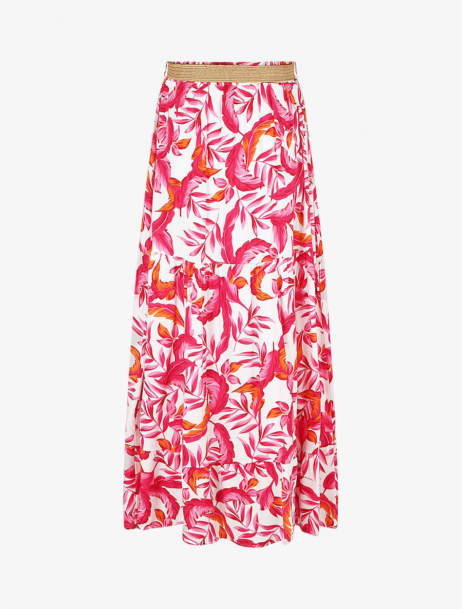 Jupe imprimé feuilles à taille élastiquée - Fushia - 2