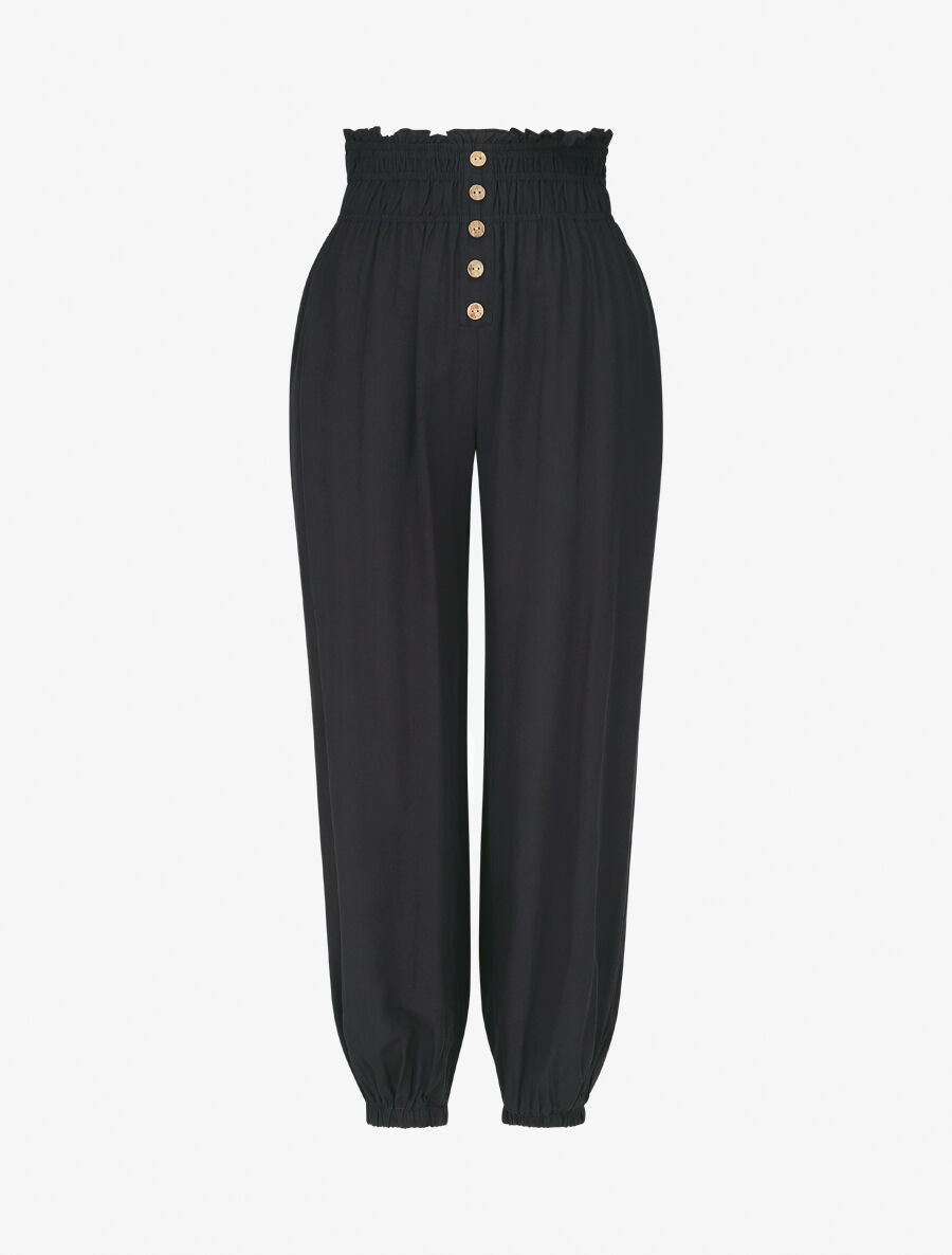 Pantalon uni à bords élastiqués et boutons décoratifs - Marine - 1