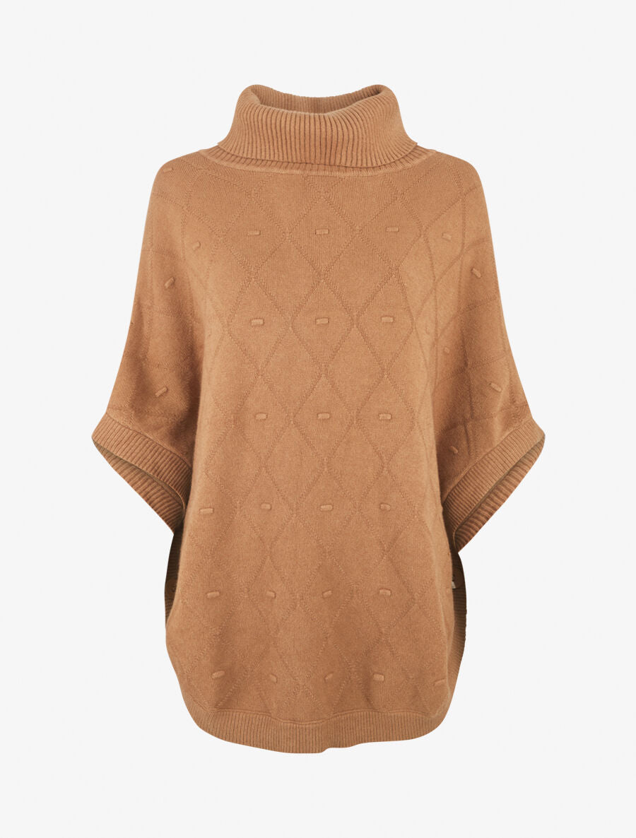 Poncho ample col roulé maille fantaisie - Camel - 1