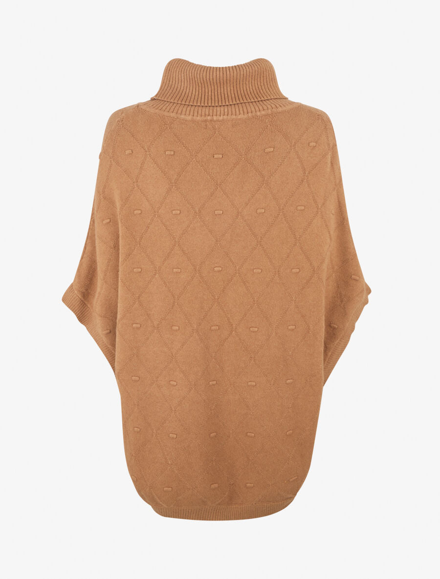 Poncho ample col roulé maille fantaisie - Camel - 2