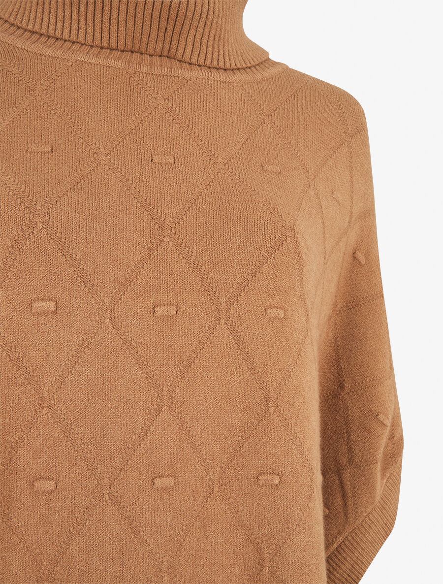 Poncho ample col roulé maille fantaisie - Camel - 3