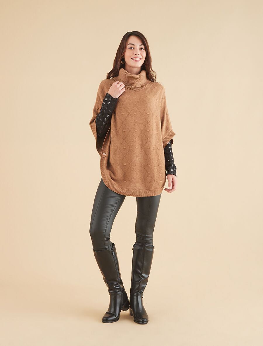 Poncho ample col roulé maille fantaisie - Camel - 4