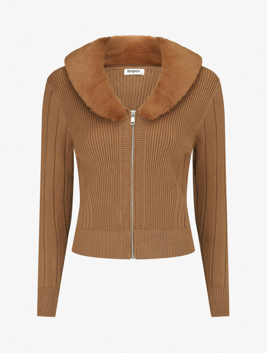 Gilet zippé et col à fourrure synthétique - Camel - 1