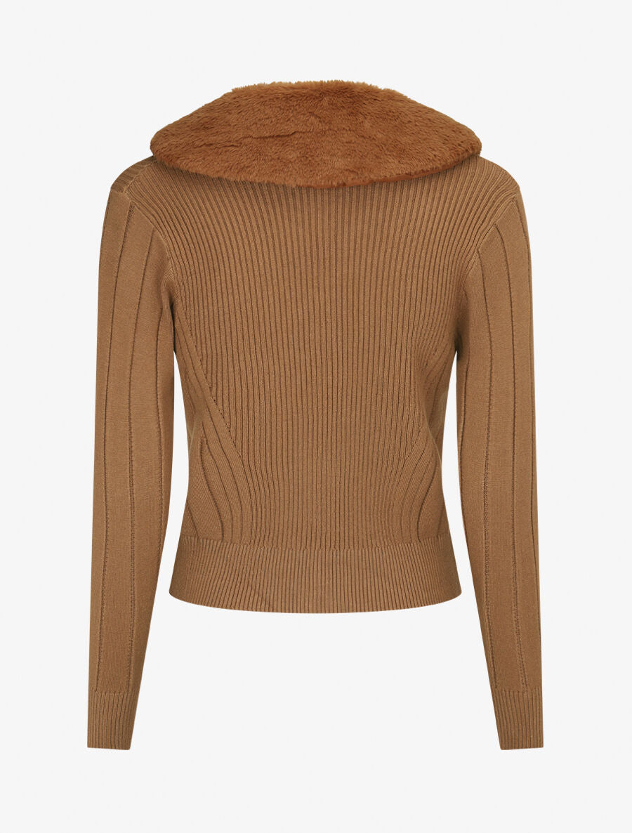 Gilet zippé et col à fourrure synthétique - Camel - 2