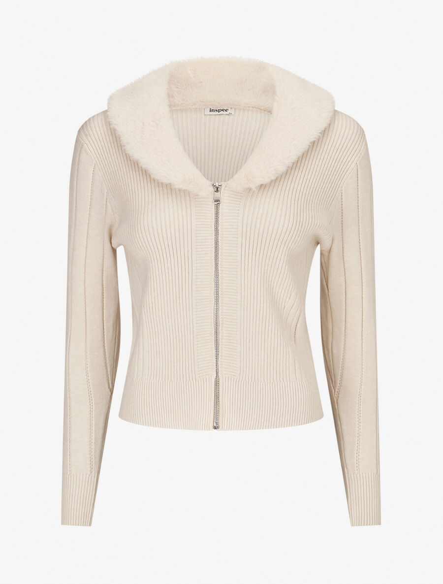 Gilet zippé et col à fourrure synthétique - Crème - 4