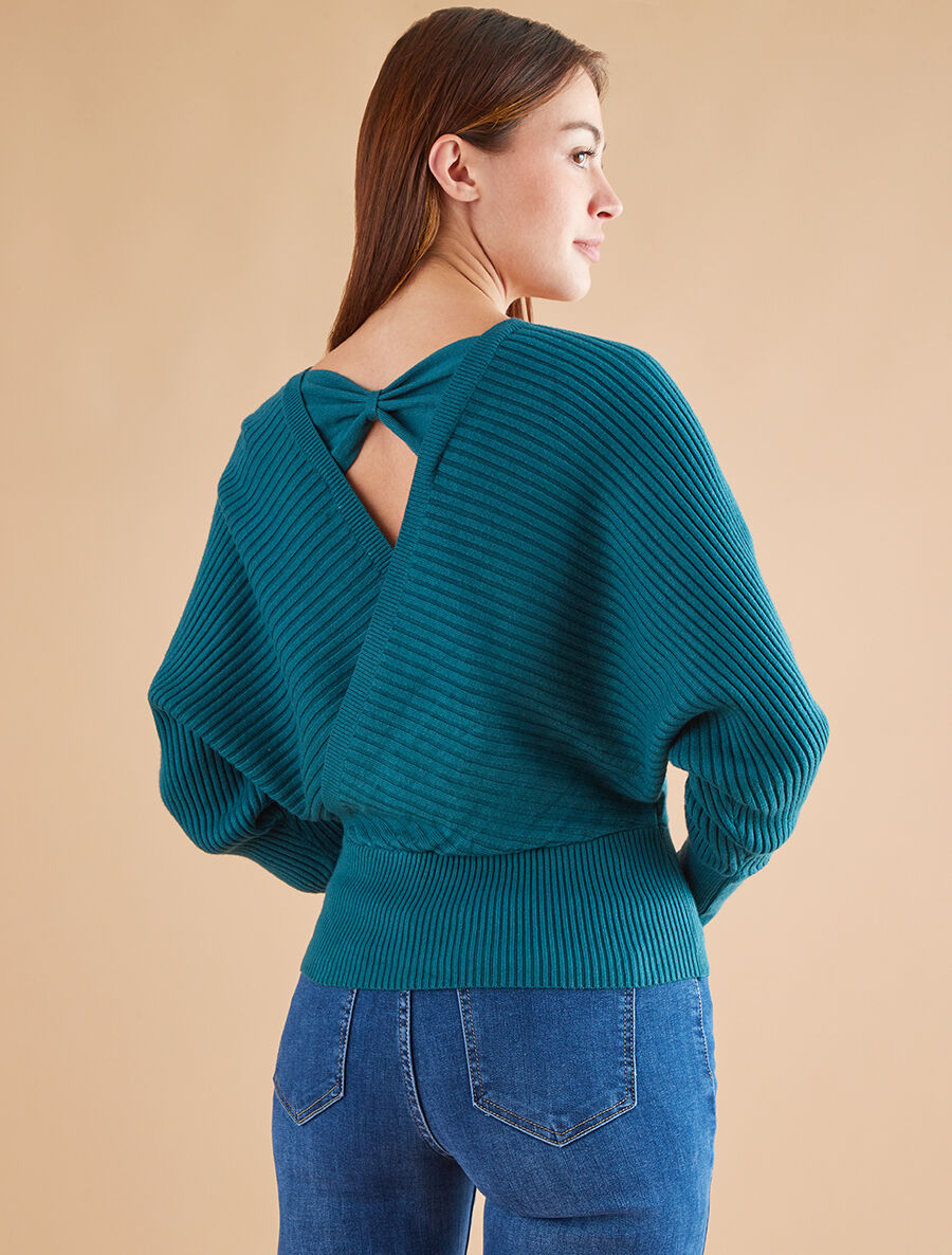 Pull cache-coeur et nœud au dos - Bleu canard - 5