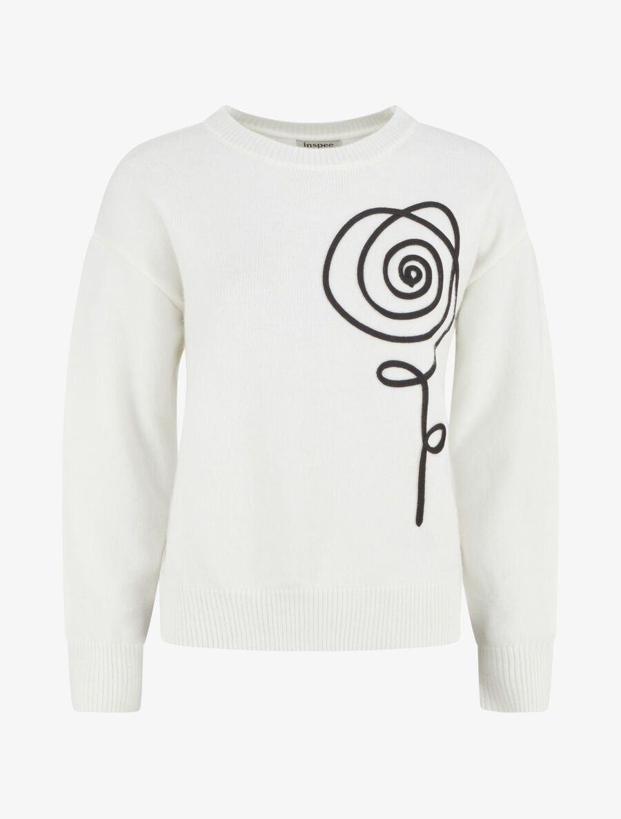 Pull uni à broderie fleur - Blanc - 1