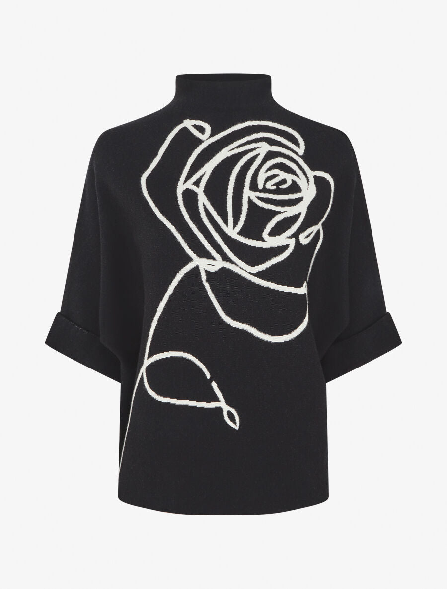 Pull ample manches 3/4 motif rose - Noir - 1