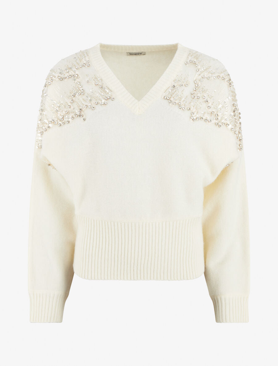Pull uni à empiècement strass et perles aux épaules - Écru - 1