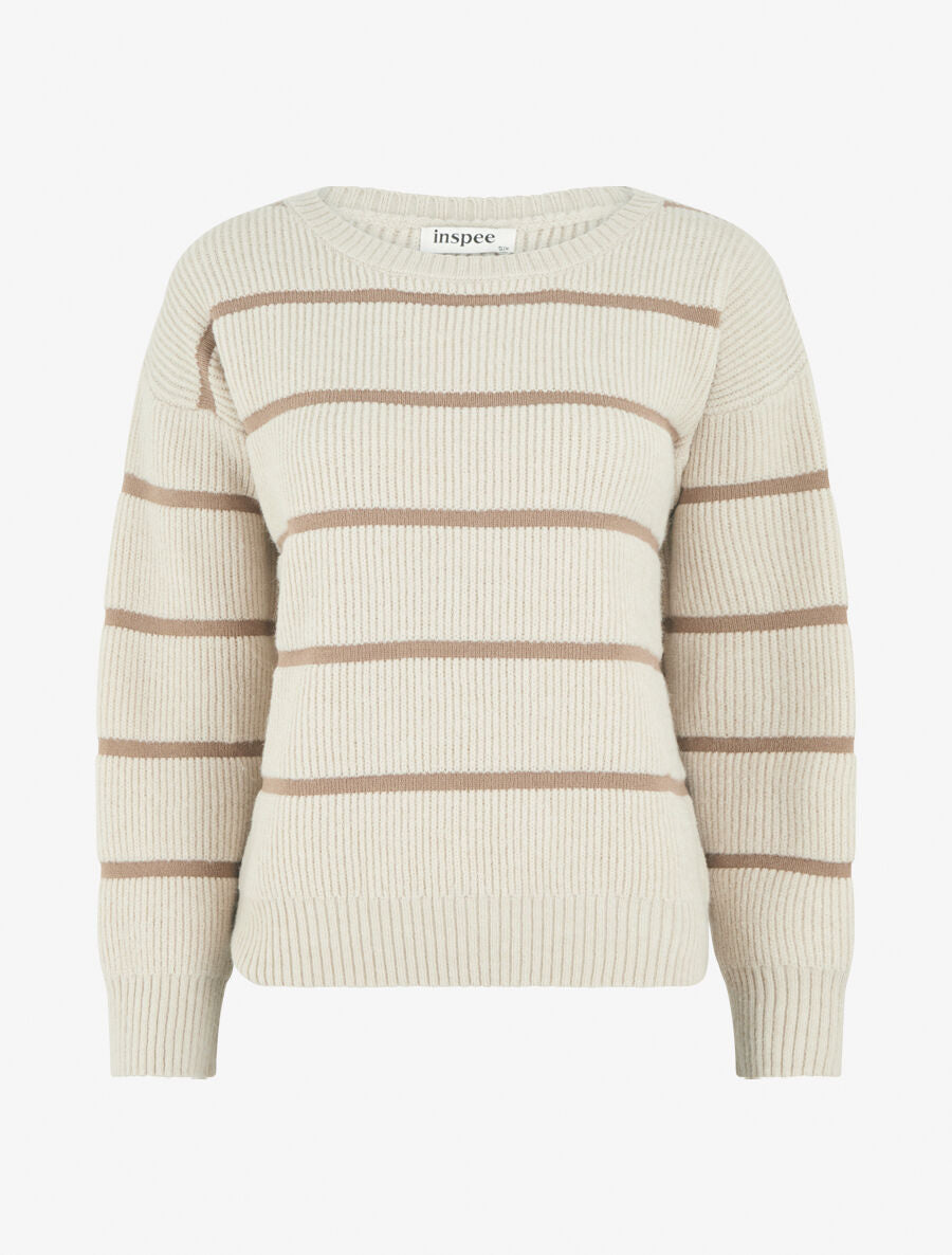 Pull droit col rond à rayures - Beige - 1