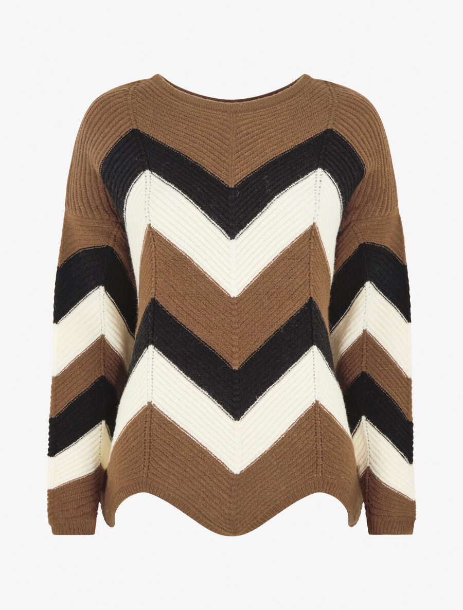 Pull droit bords asymétriques et motif zigzag - Marron - 1