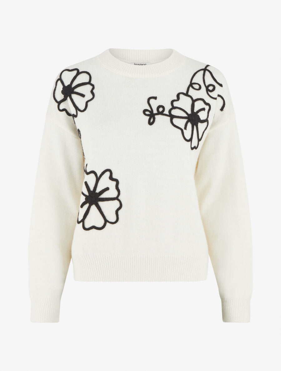 Pull droit à fleurs brodées - Blanc - 1
