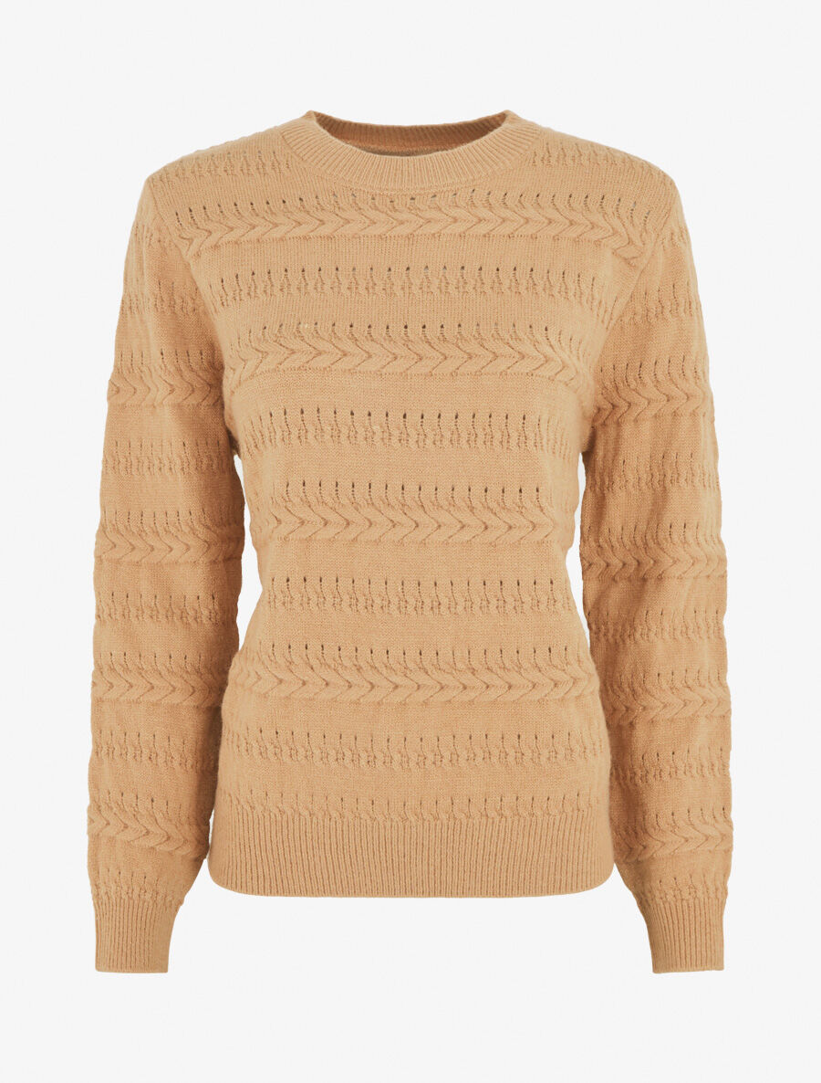 Pull uni en maille à motif tressé - Camel - 1