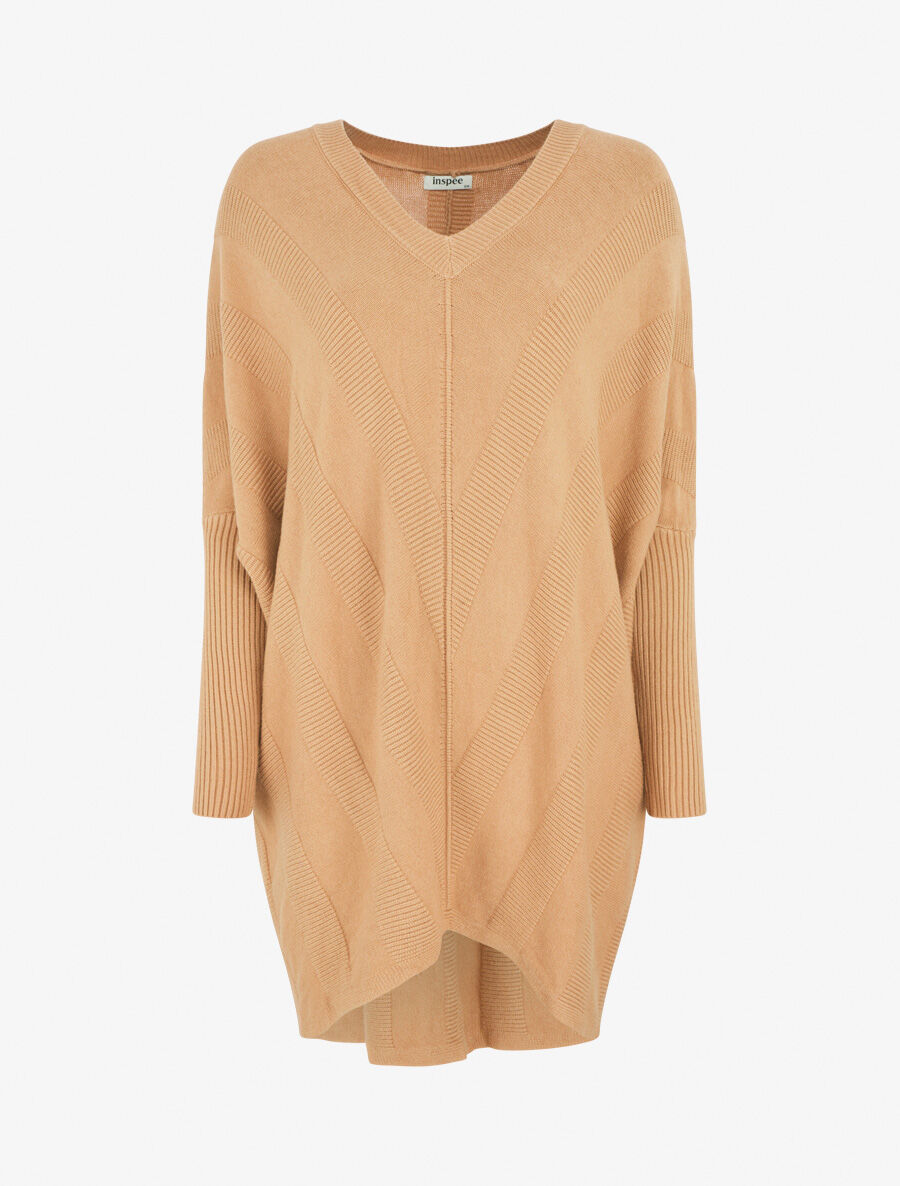 Pull long côtelé à col V - Camel - 1