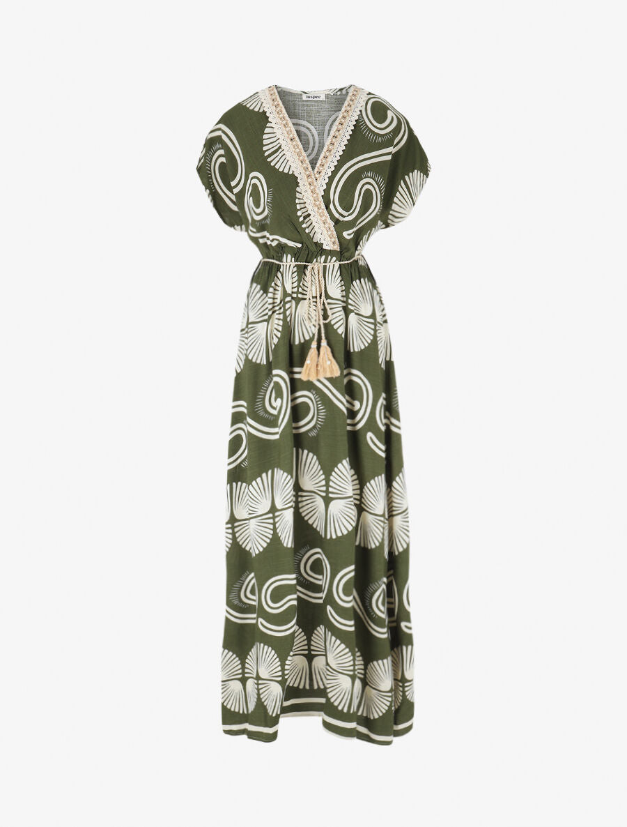 Robe longue à manches courtes imprimé fantaisie - Kaki - 1