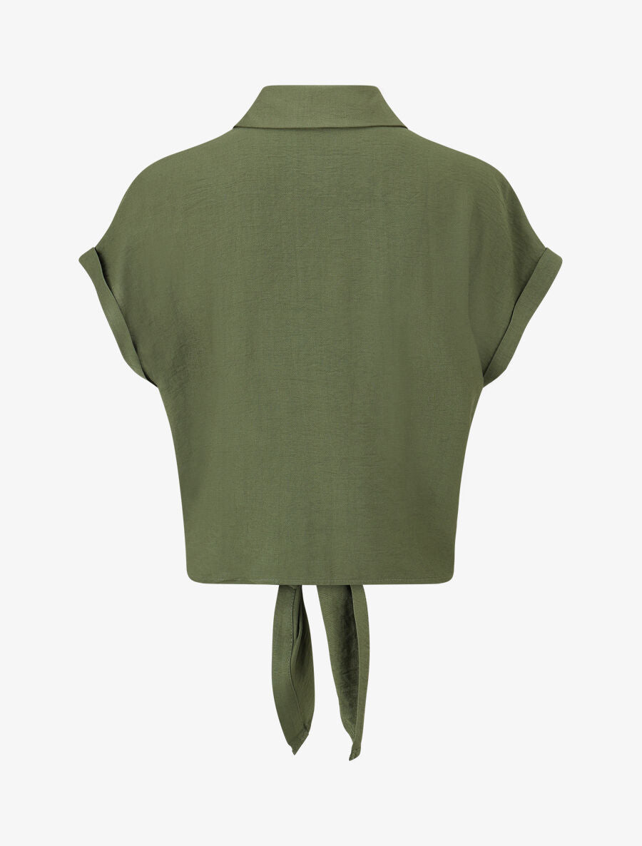 Chemise manches courtes à empiècements en crochet et noeud - Kaki - 2