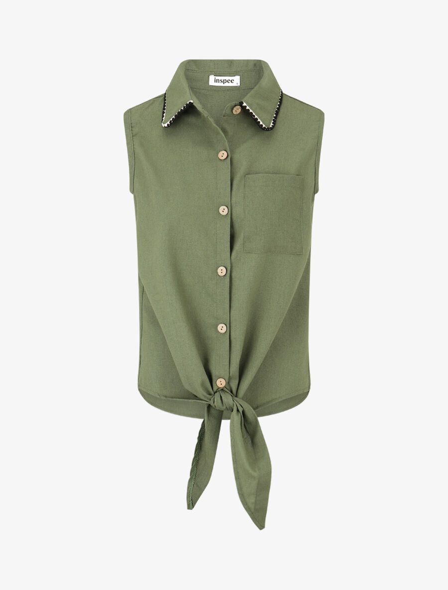 Chemise en lin sans manches à noeud - Kaki - 1