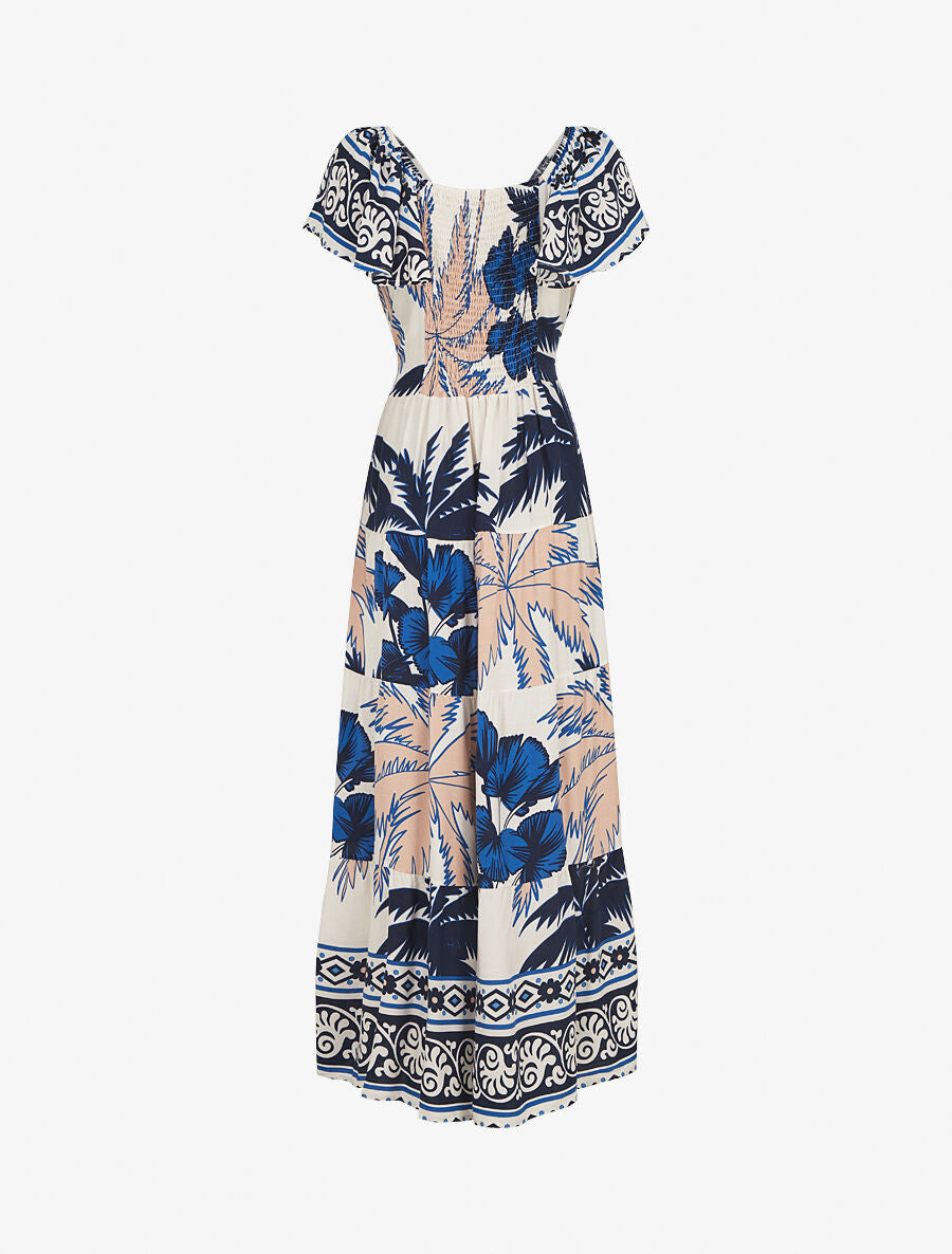 Robe longue imprimé palmier à manches courtes - Marine - 2