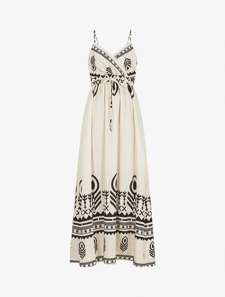 Robe longue à fines bretelles imprimé ethnique - Écru - 1