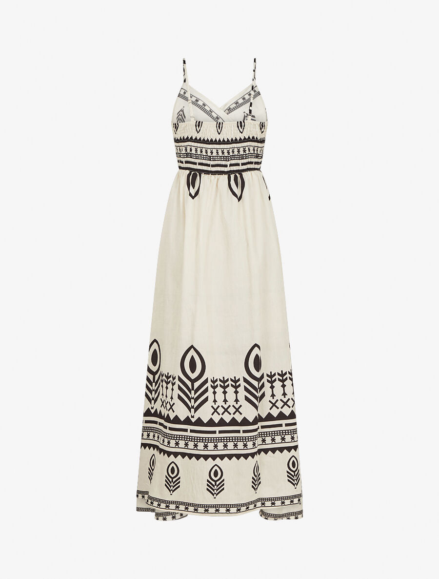 Robe longue à fines bretelles imprimé ethnique - Écru - 2