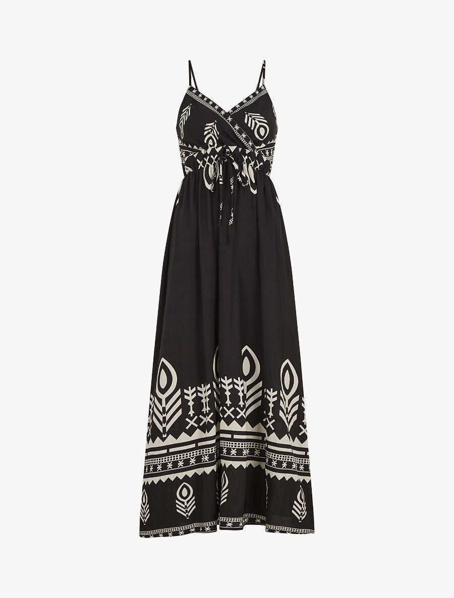 Robe longue à fines bretelles imprimé ethnique - Noir - 1