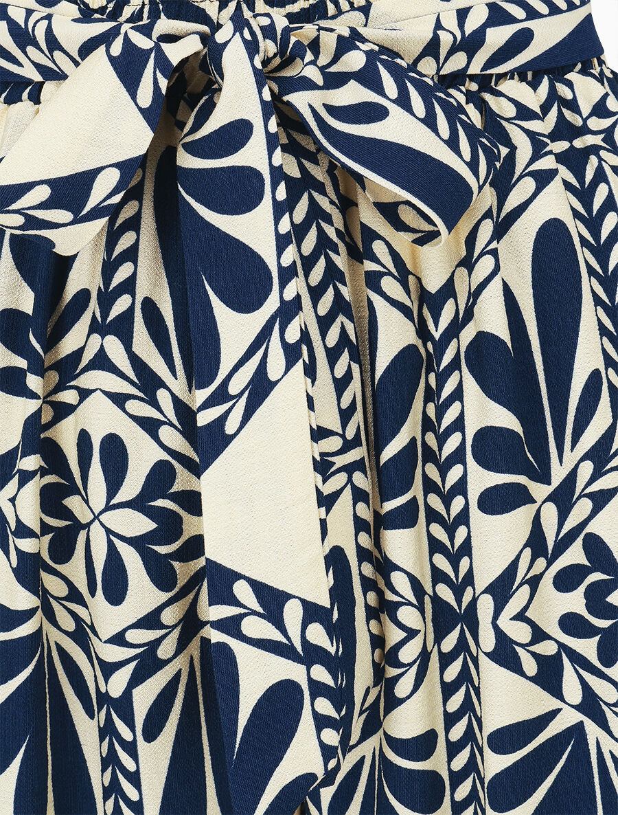 Pantalon imprimé ikat à taille haute élastiquée - Marine - 3