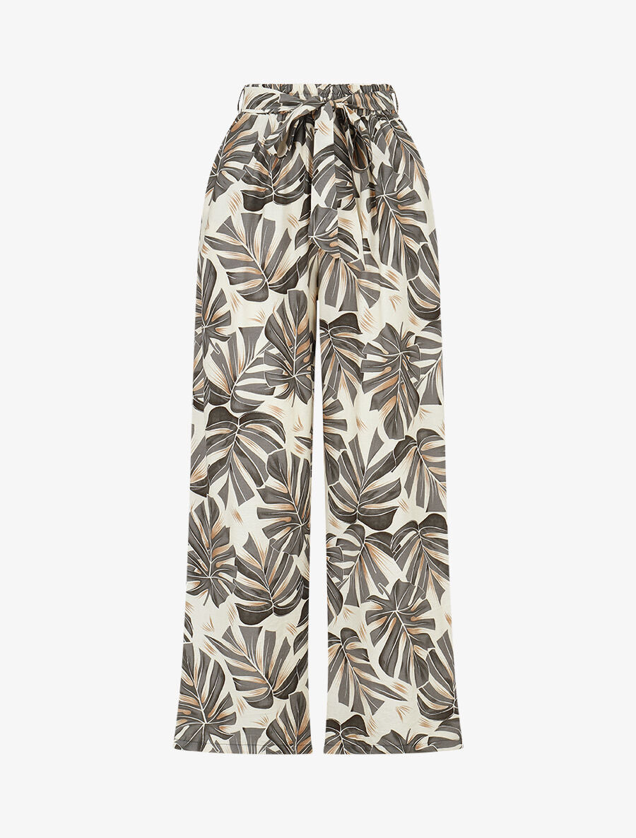 Pantalon imprimé feuilles à taille haute élastiquée - Gris - 4