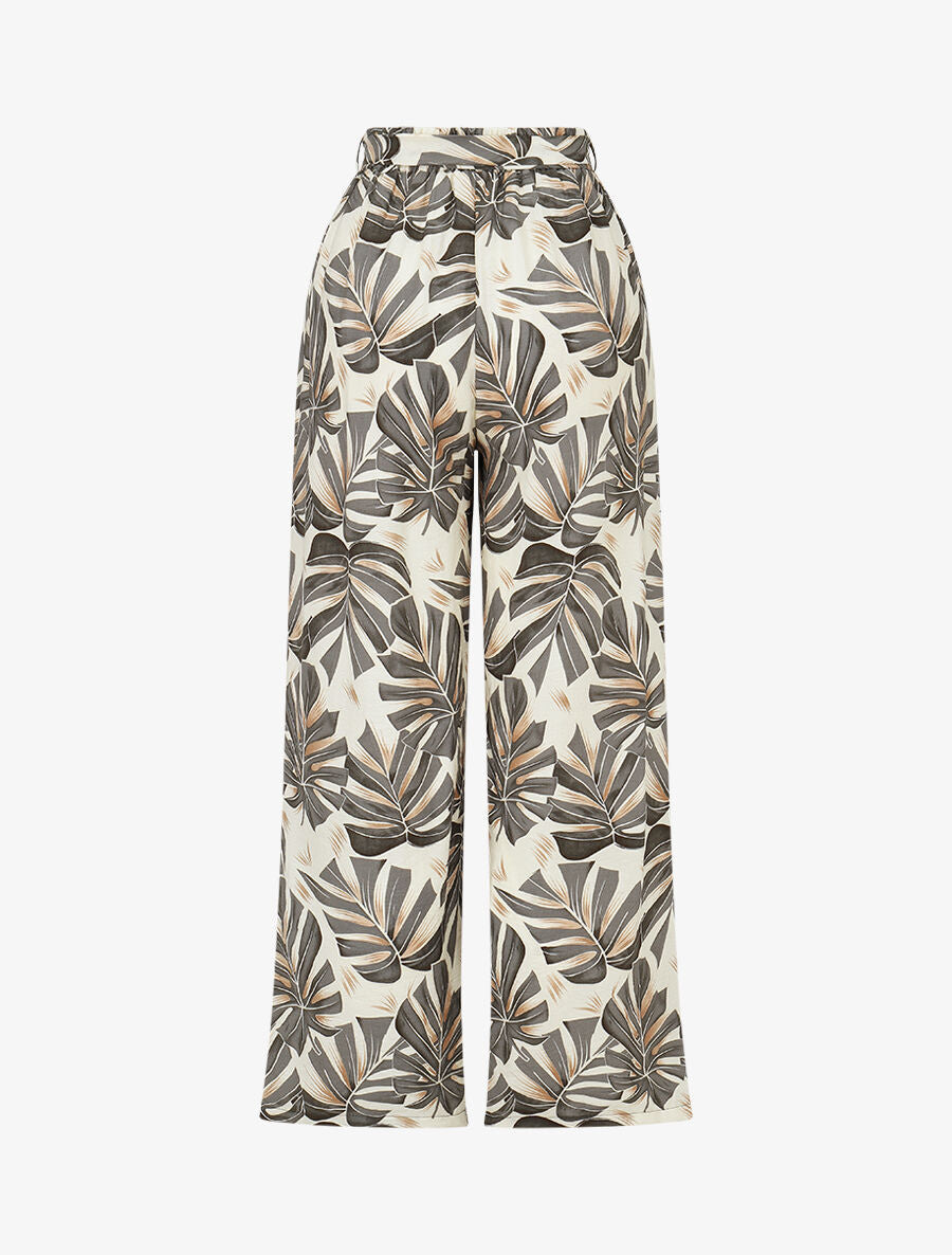 Pantalon imprimé feuilles à taille haute élastiquée - Gris - 2