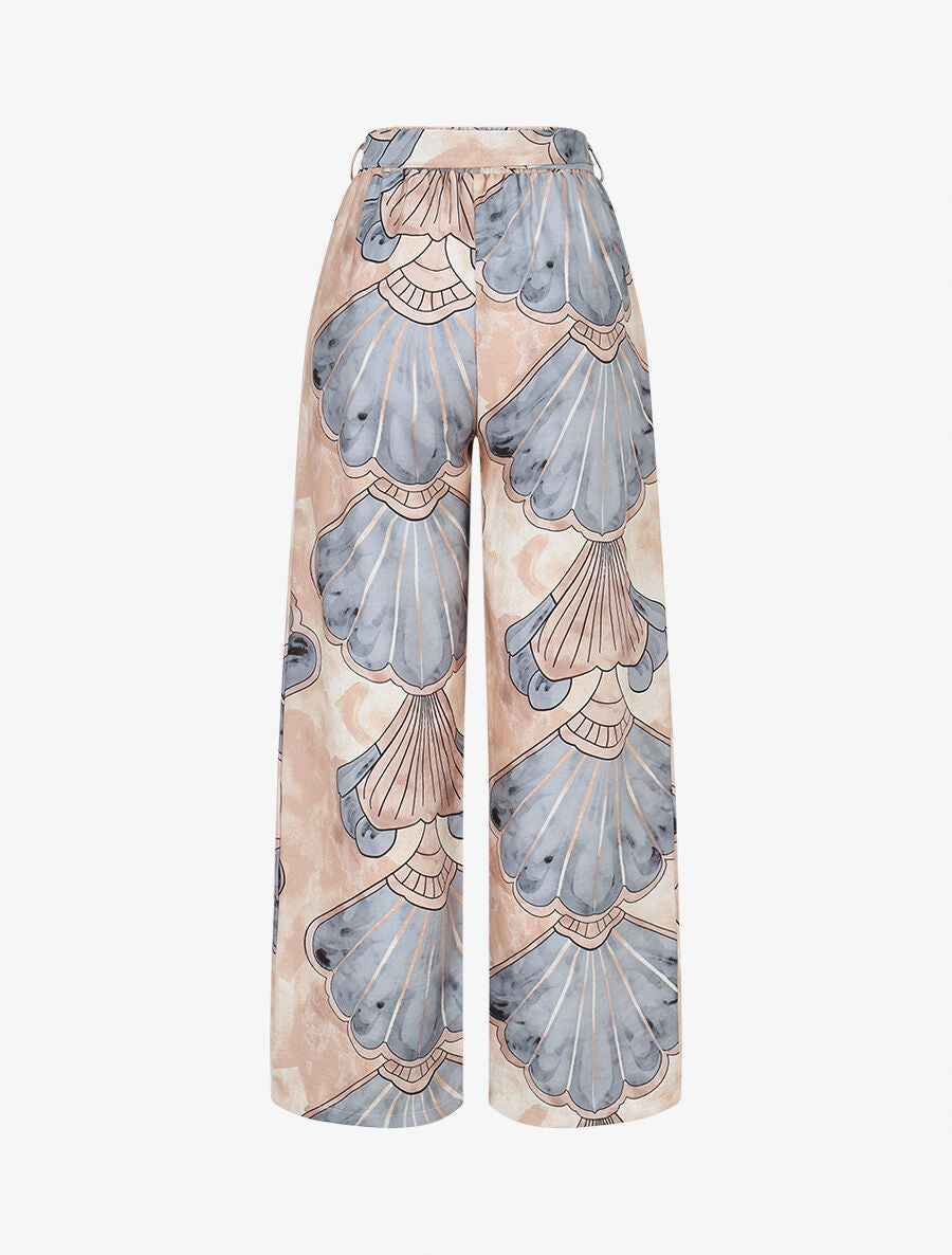 Pantalon imprimé éventails à taille haute élastiquée - Gris - 2