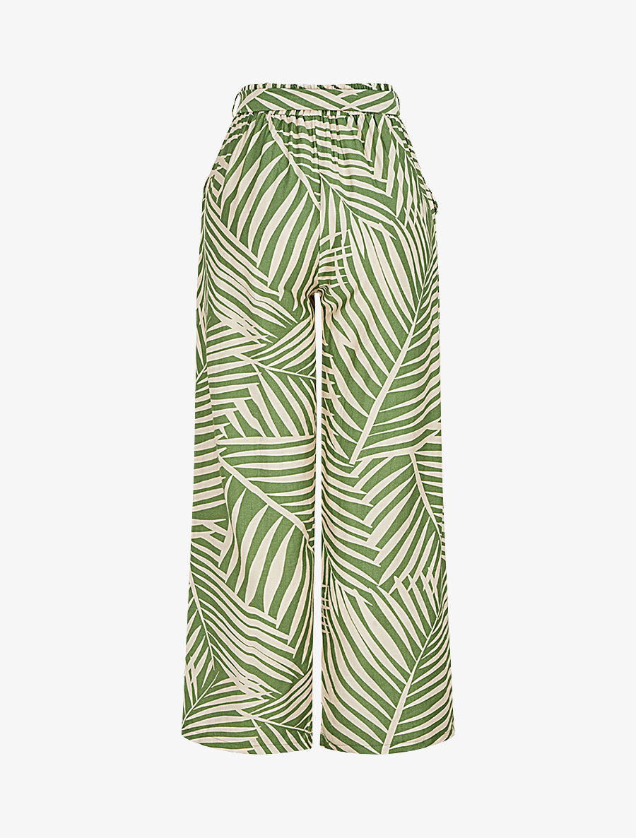 Pantalon imprimé tropical à taille haute élastiquée - Kaki - 2