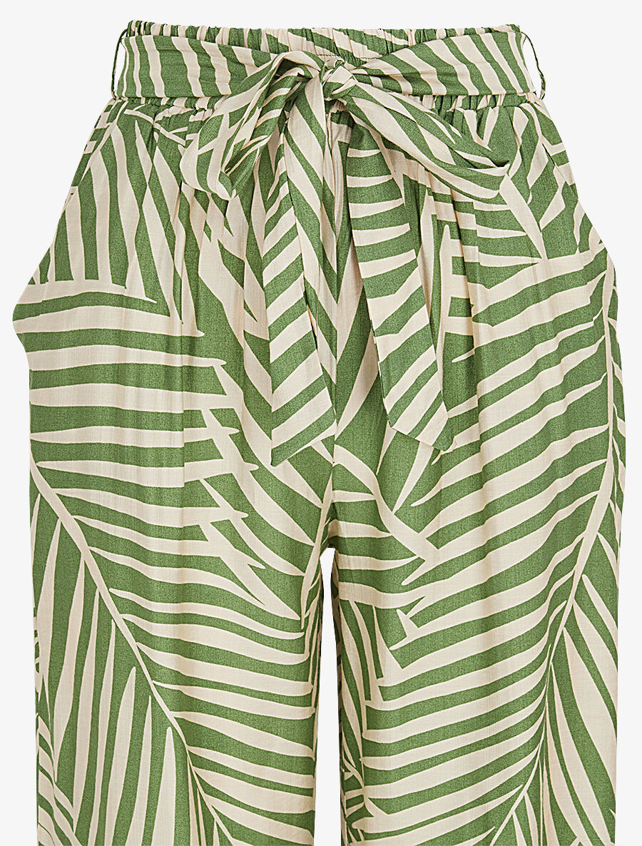 Pantalon imprimé tropical à taille haute élastiquée - Kaki - 3