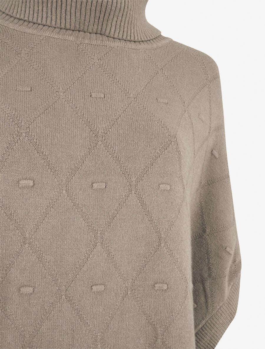 Poncho ample col roulé maille fantaisie - Taupe - 3