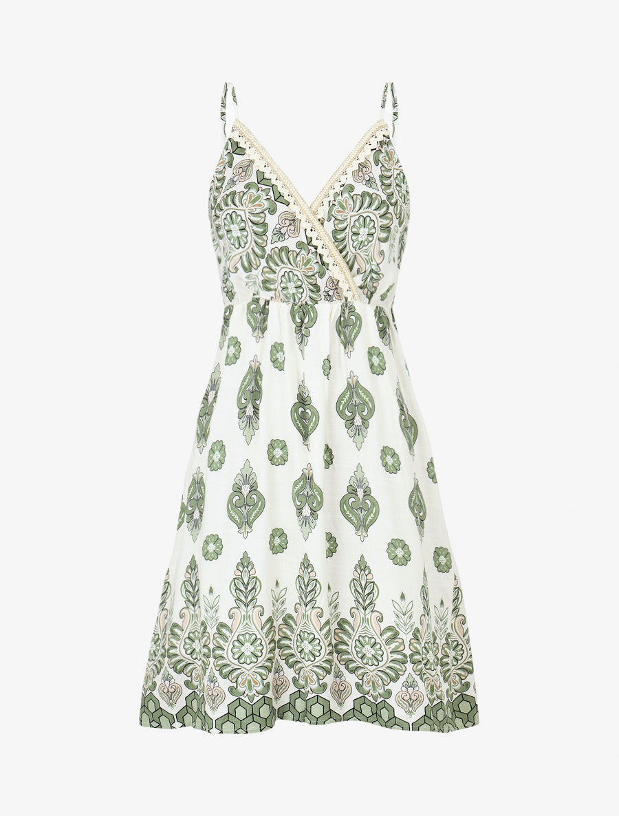 Robe mi-longue à bretelles imprimé floral - Kaki - 1