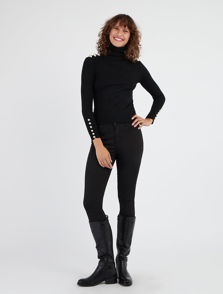 Pull côtelé à col roulé et boutons - Noir