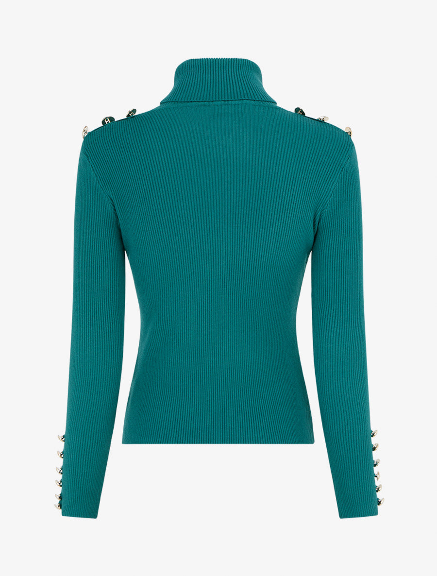 Pull côtelé à col roulé et boutons - Vert bouteille - 2