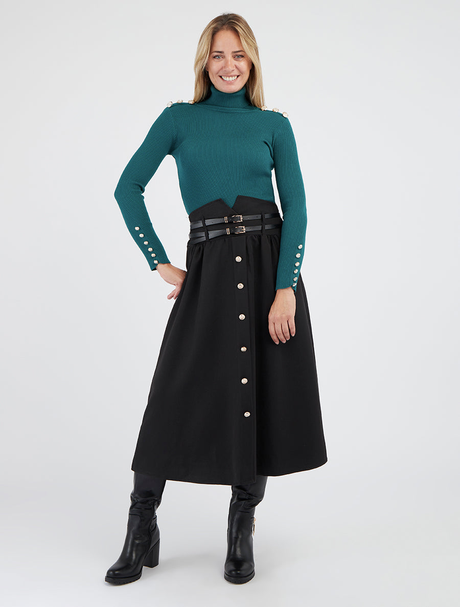 Pull côtelé à col roulé et boutons - Vert bouteille