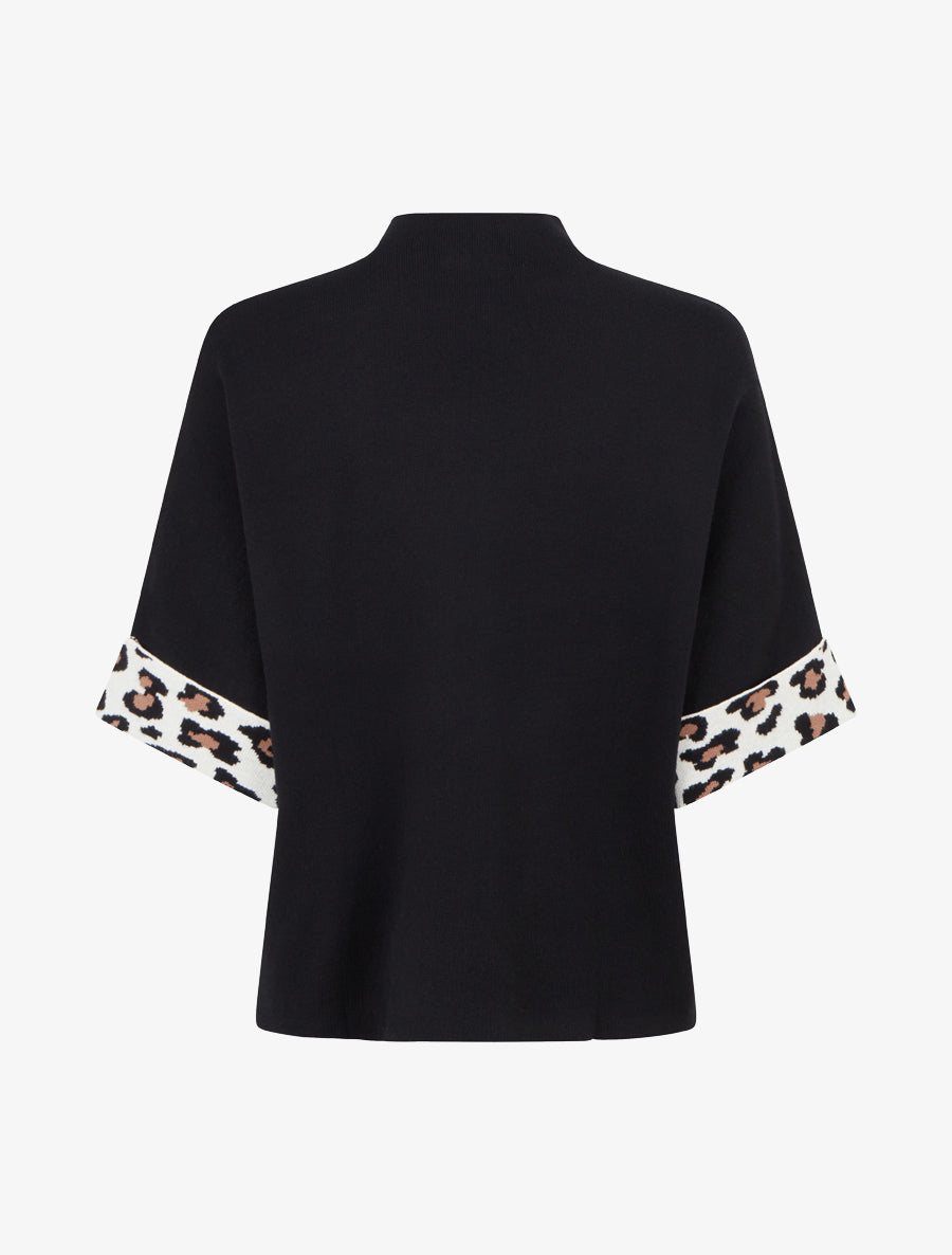 Pull à col montant et détail imprimé léopard - Noir - 2