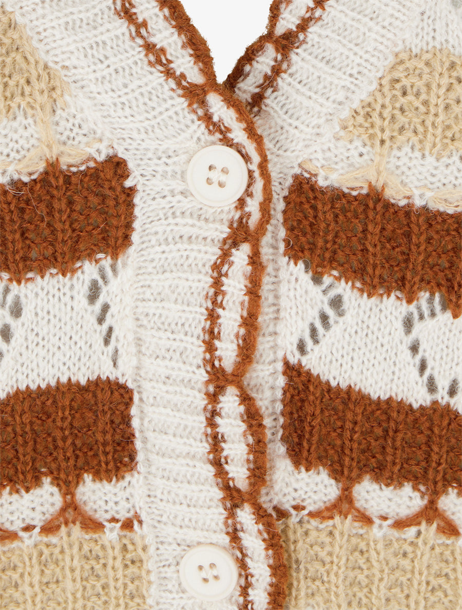 Gilet rayé en maille fantaisie à col V - Beige - 3