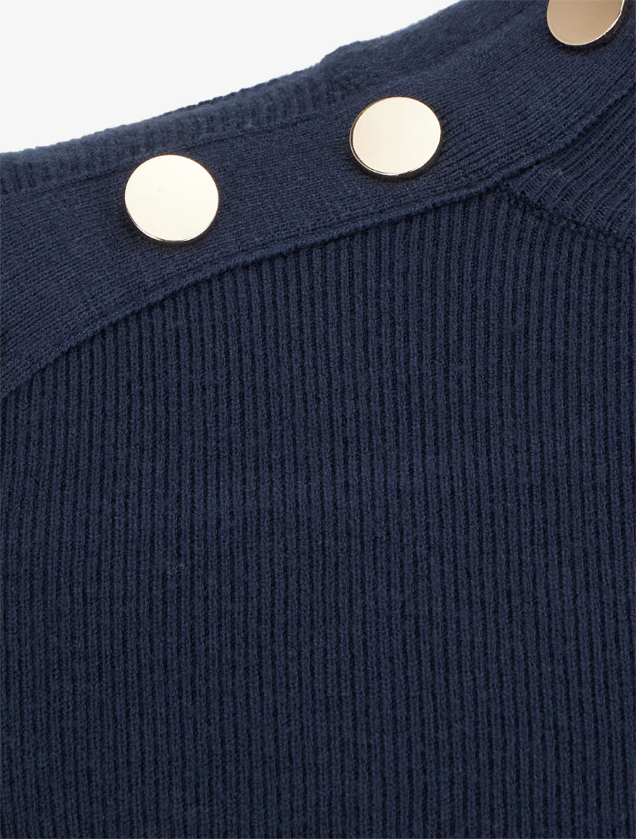 Pull côtelé ajusté à boutons dorés - Marine - 3