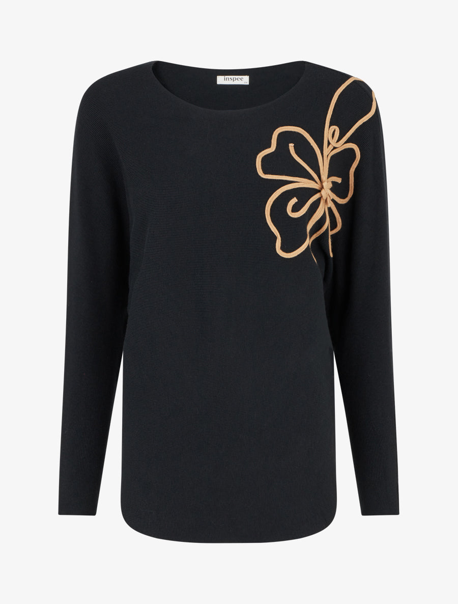 Pull uni à broderie fleur - Noir - 1