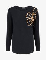 Pull uni à broderie fleur - Noir - 1