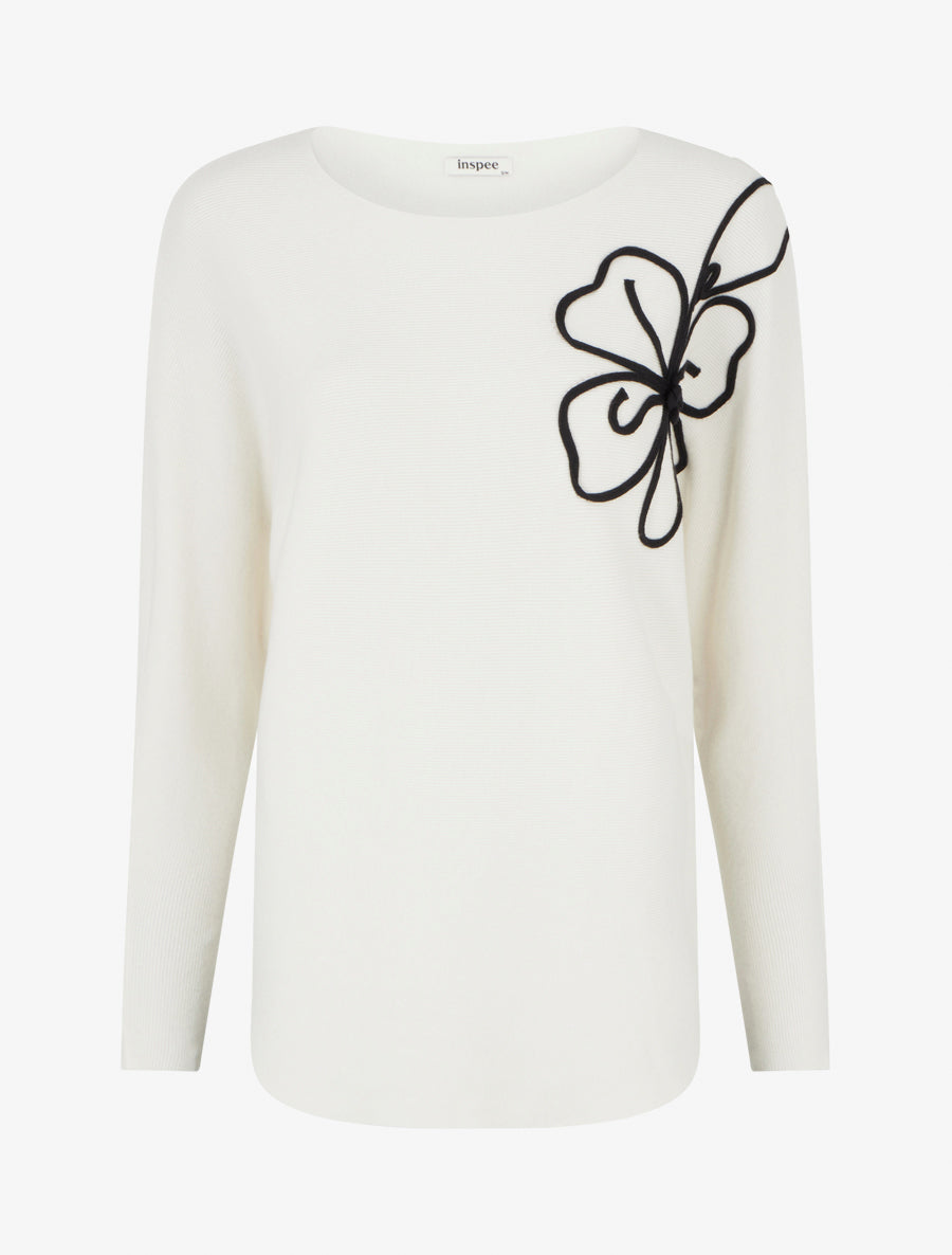 Pull uni à broderie fleur - Blanc - 1